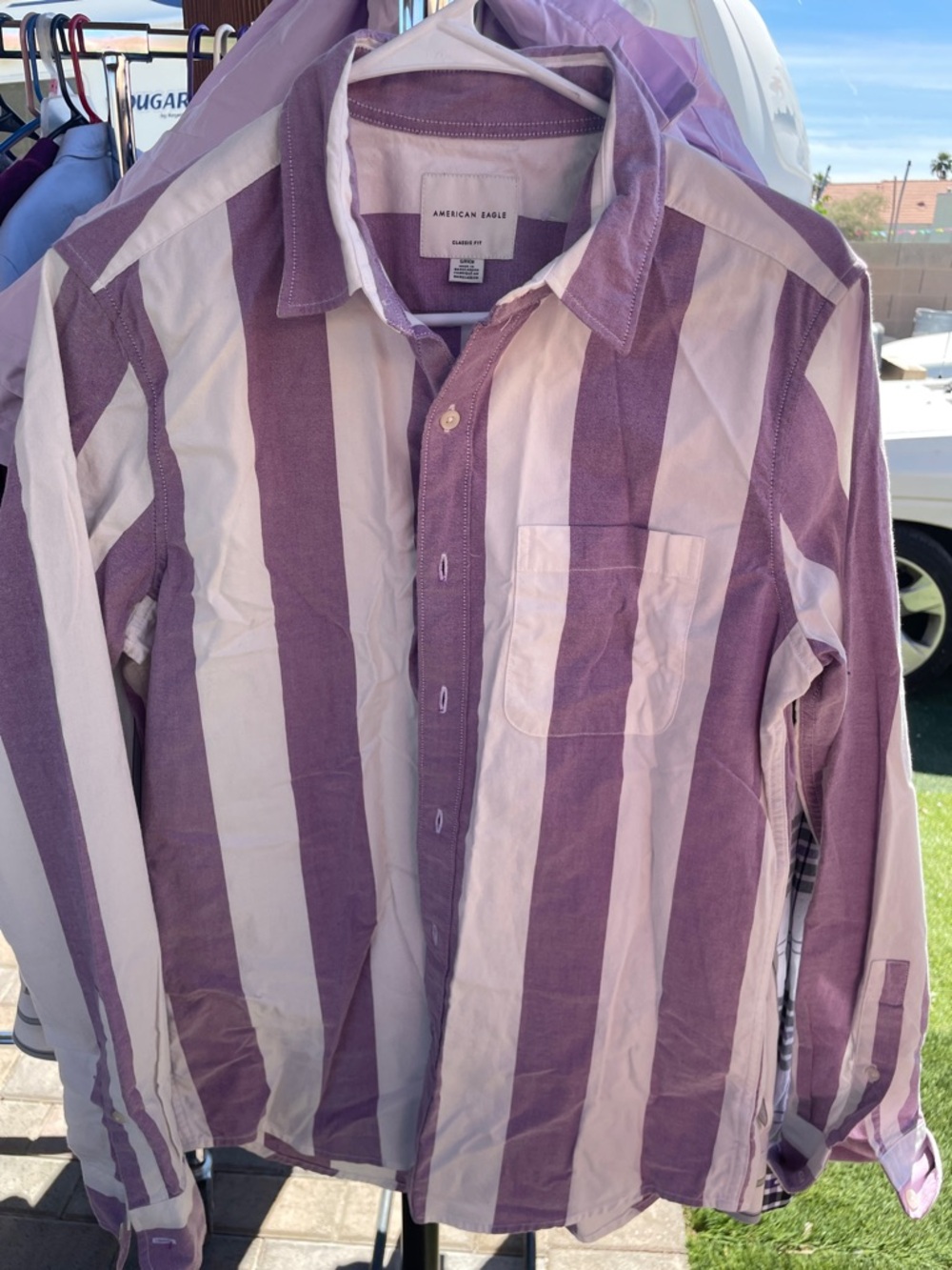 American Eagle Outfitters Men’s Purple and White Striped Button-Up Shirt